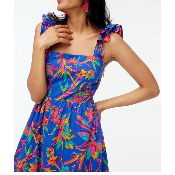 J Crew Women Dress Square Neck Midi Blue Cotton Preppy Floral Boho Size 6 2224 - Picture 3 of 13